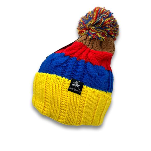 Stripe Pattern POM Beanie Thick Warm Soft Knit Long Cuffed Ski Cap Snowboard Hat - Picture 1 of 7